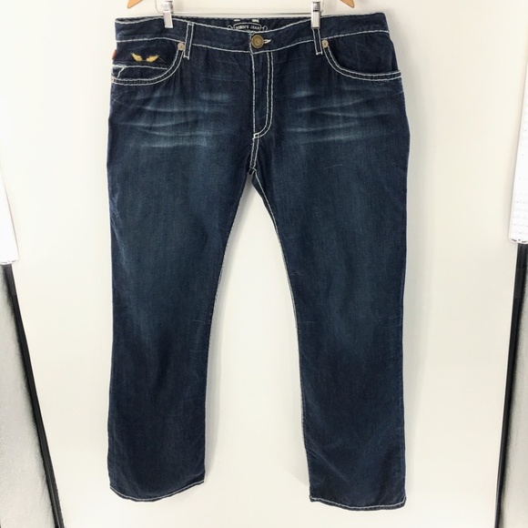 Robins Jeans Mens Blue Classic Embroidered Gold Wings Heavy Stitching 44 x 35 - Picture 2 of 14